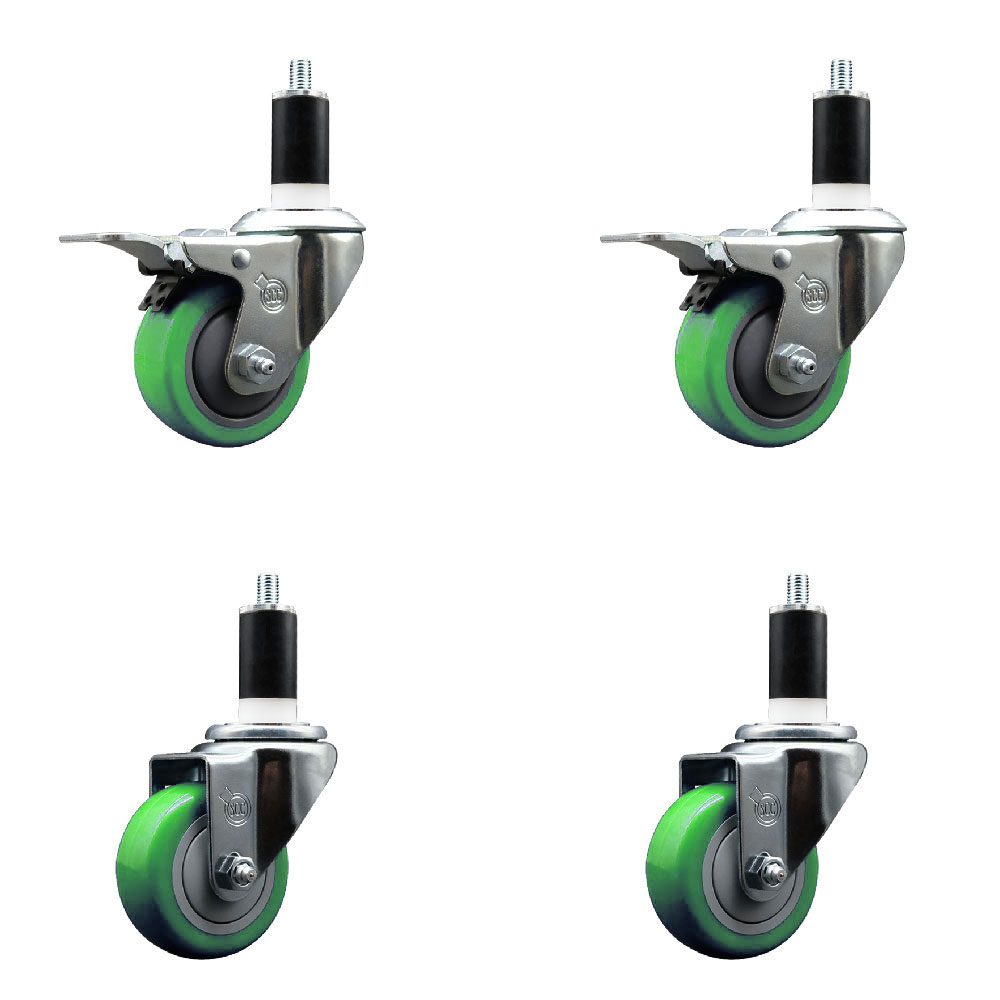 SCC-SSEXTTL20S314-PPUB-GRN-2-S-2-138 Stainless Steel Polyurethane Swivel Expanding Stem Caster with 3 in. Green Wheels & 1.38 in. Stems - Set of 4