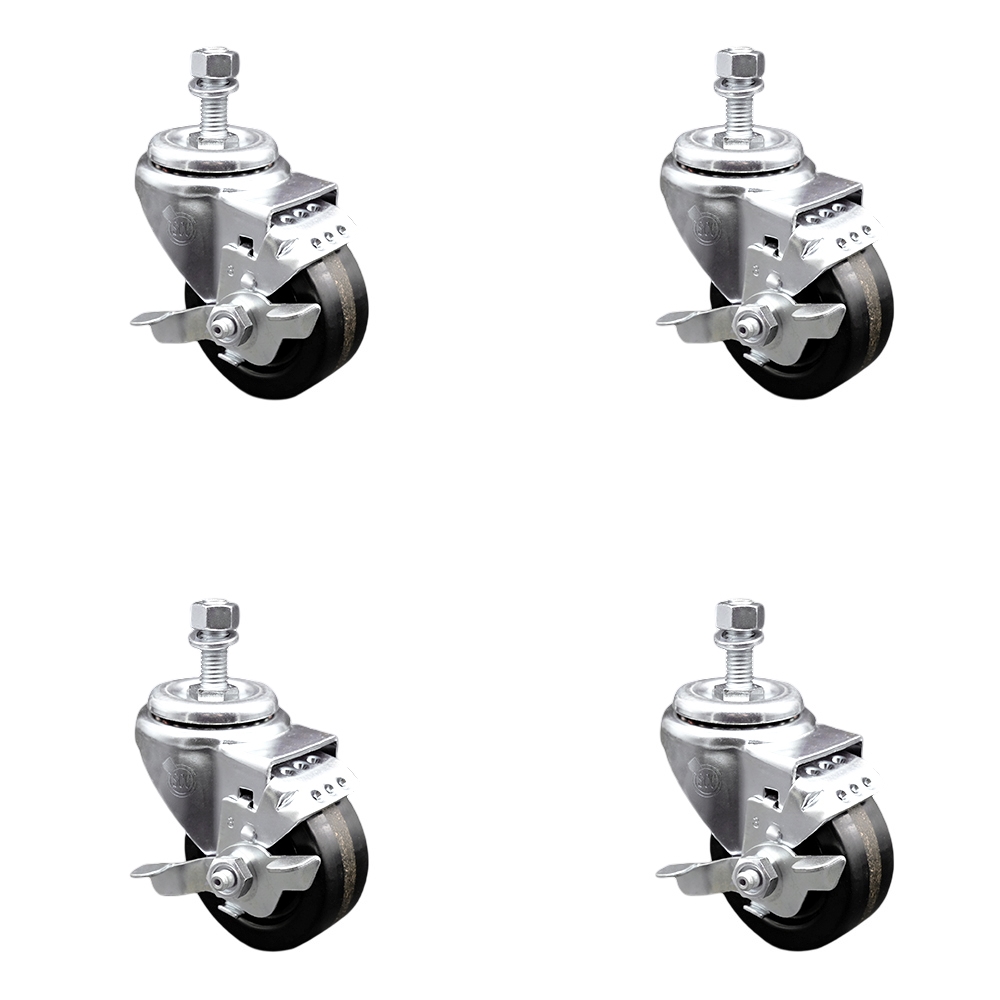 SCC-TS20S3514-PHR-TLB-121315-4 Phenolic Swivel Threaded Stem Caster with Roller Bearing with 3.5 x 1.25 in. Black Wheels & 0.5 in. Stems - Set of 4