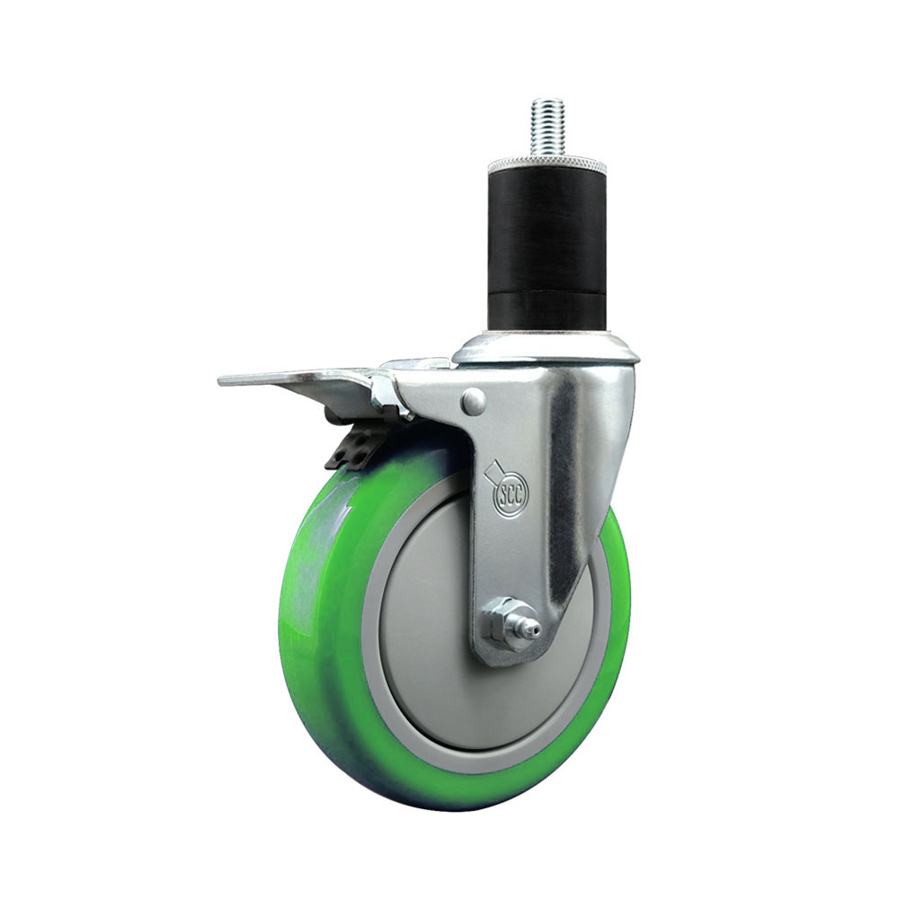SCC-SSEXTTL20S514-PPUB-GRN-134 Stainless Steel Polyurethane Expanding Stem Swivel Caster with 5 in. Green Wheel & 1.75 in. Stem & Total Locking Brake