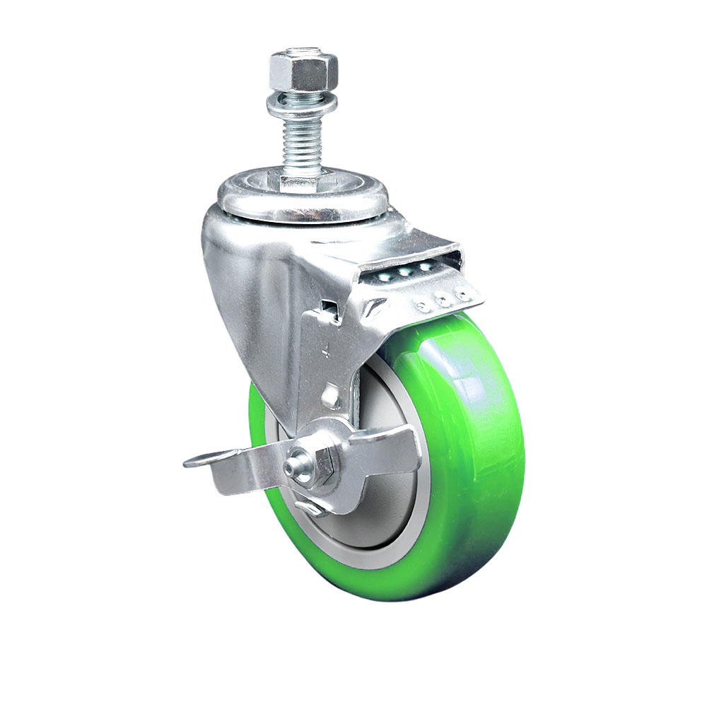 Stainless Steel Polyurethane Swivel Threaded Stem Caster with 4 x 1.25 in. Green Wheel & 0.5 in. Stem & Top Locking Brake