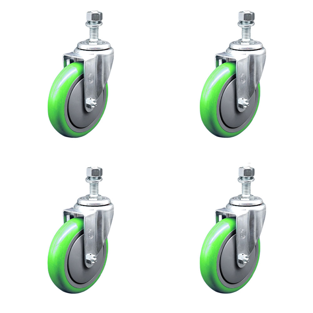 SCC-SSTS20S514-PPUB-GRN-121315-4 Stainless Steel Polyurethane Swivel Threaded Stem Caster with 5 x 1.25 in. Green Wheels & 0.5 in. Stems - Set of 4