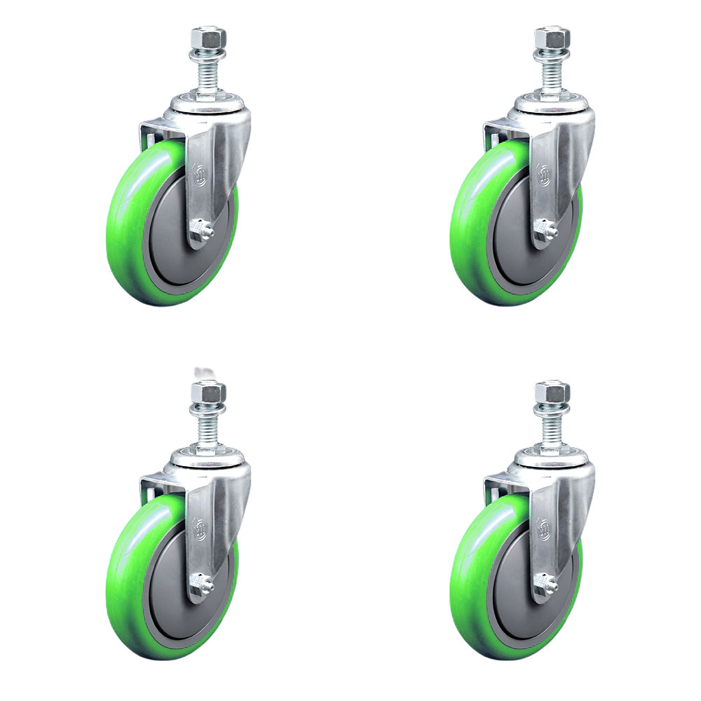 SCC-SSTS20S514-PPUB-GRN-M1215-4 Stainless Steel Polyurethane Swivel Threaded Stem Caster with 5 x 1.25 in. Green Wheels & 12 mm Stems - Set of 4