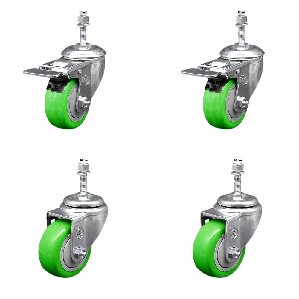 Stainless Steel Polyurethane Swivel Threaded Stem Caster with 3 x 1.25 in. Green Wheels & 10 mm Stems - Set of 4