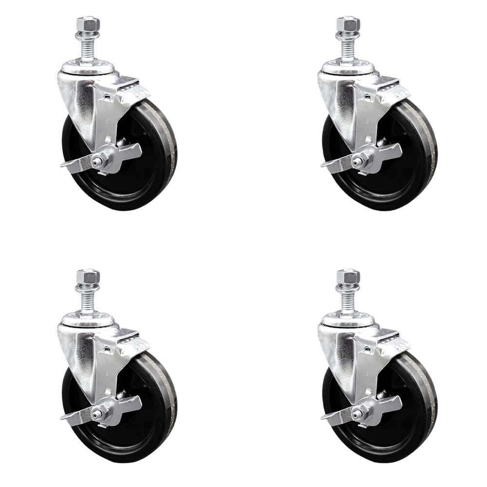 Phenolic Swivel Threaded Stem Caster with Roller Bearing with 5 x 1.25 in. Black Wheels & 0.5 in. Stems - Set of 4