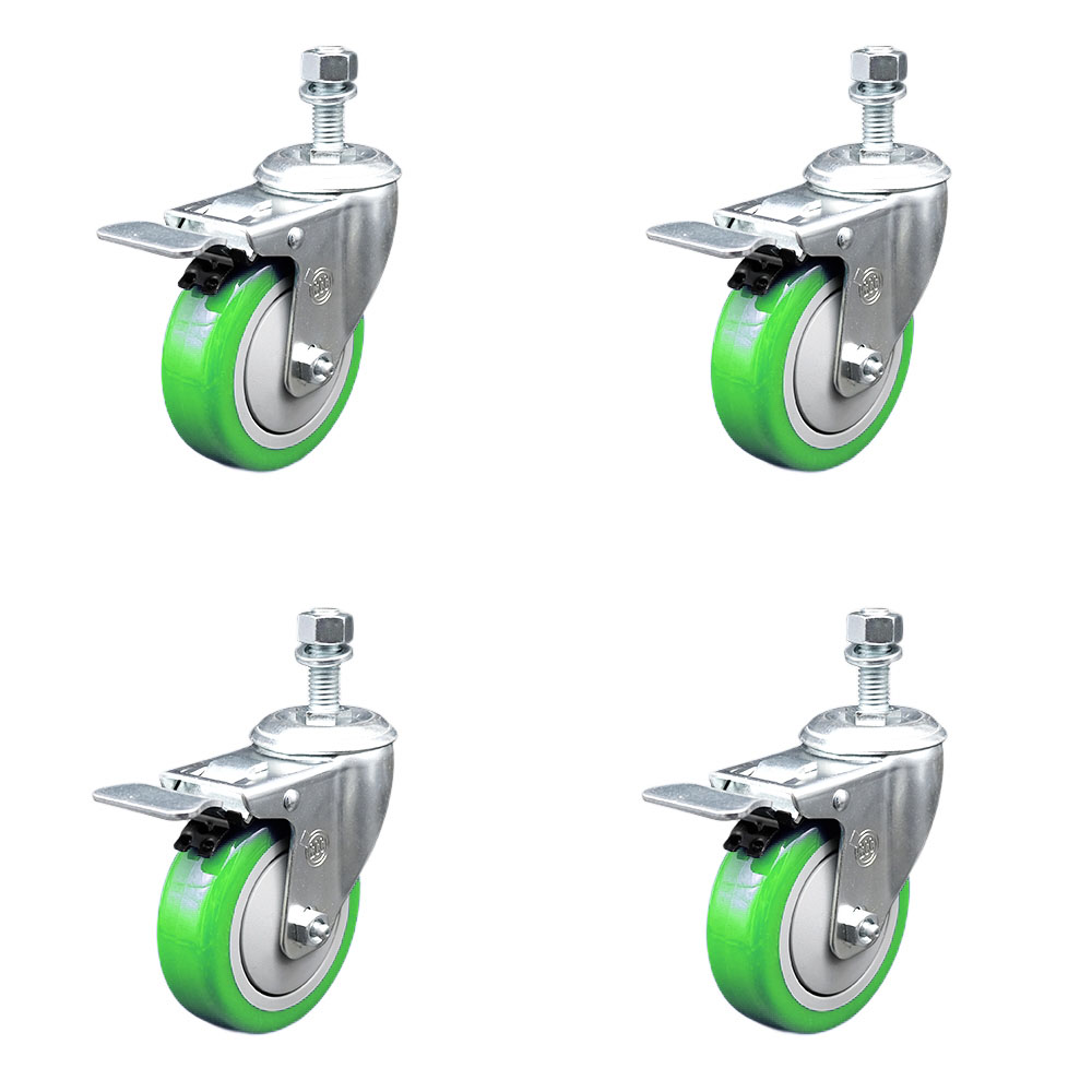 Stainless Steel Polyurethane Swivel Threaded Stem Caster with 4 x 1.25 in. Green Wheels & 0.5 in. Stems - Set of 4