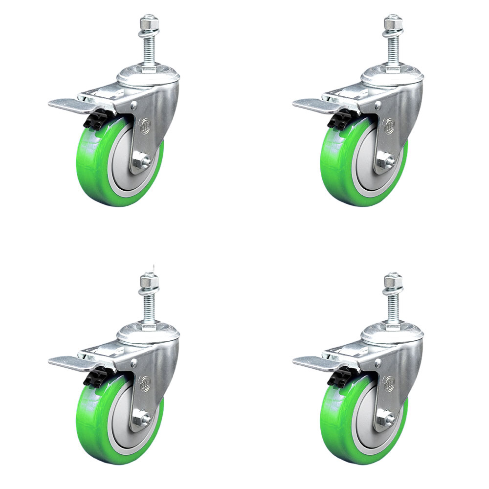 Stainless Steel Polyurethane Swivel Threaded Stem Caster with 4 x 1.25 in. Green Wheels & 0.38 in. Stems - Set of 4