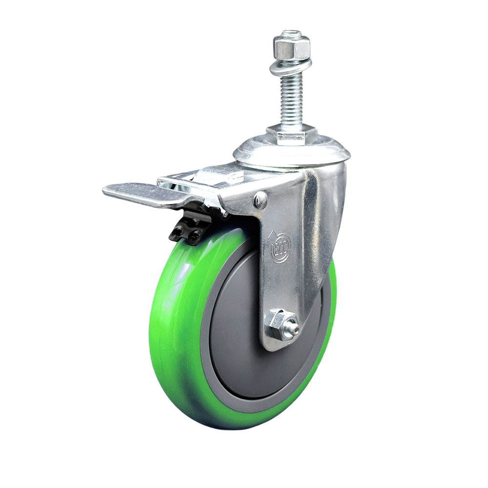 Stainless Steel Polyurethane Swivel Threaded Stem Caster with 5 x 1.25 in. Green Wheel & 10 mm Stem & Total Locking Brake