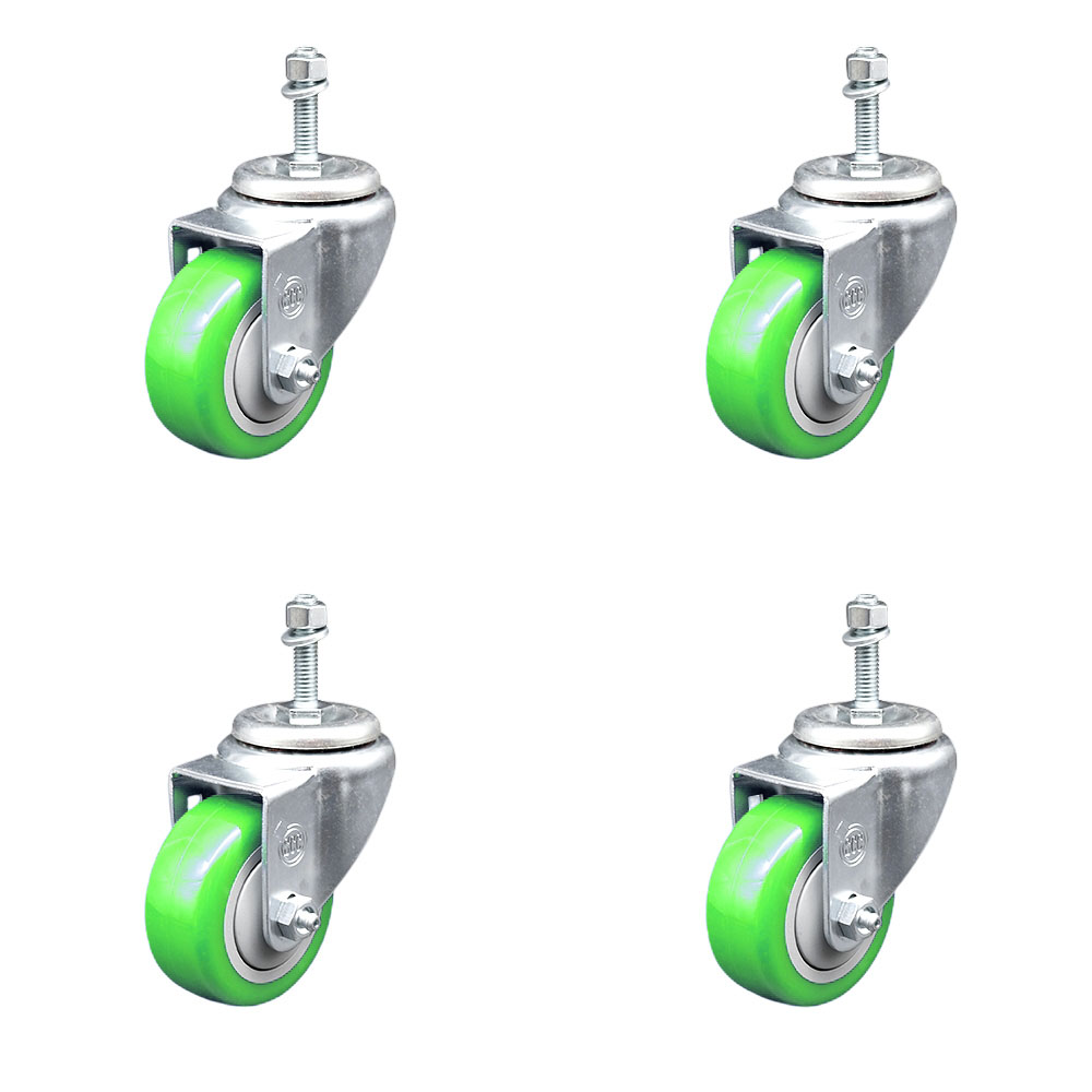 SCC-TS20S314-PPUB-GRN-M1015-4 Polyurethane Swivel Threaded Stem Caster with 3 x 1.25 in. Green Wheels & 10 mm Stems - Set of 4