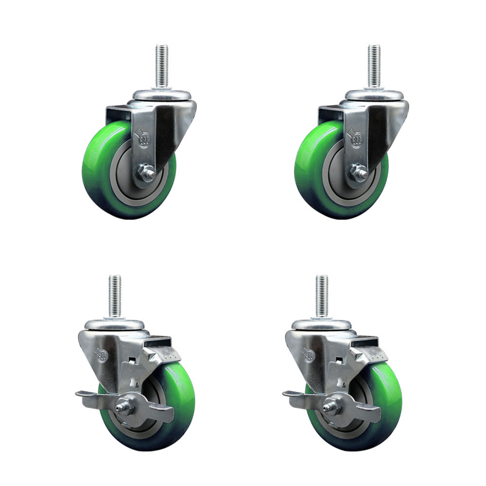 SCC-TS20S3514-PPUB-GRN-34212-2-TLB-2 Polyurethane Swivel Threaded Stem Caster with 3.5 x 1.25 in. Green Wheels & 0.75 in. Stems - Set of 4