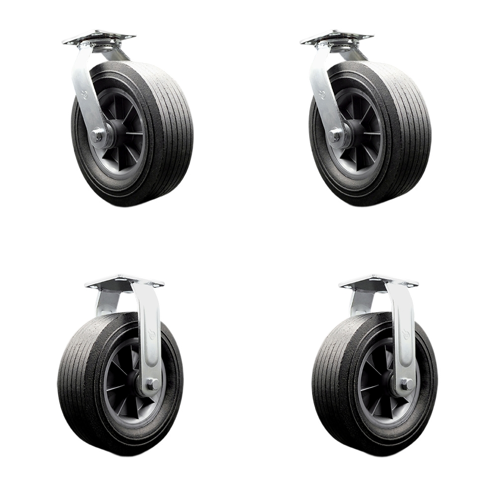 SCC-100S1030-SNB-2-R-2 10 in. Swivel Semi Pneumatic Solid Rubber Wheel Casters, Black - Set of 4