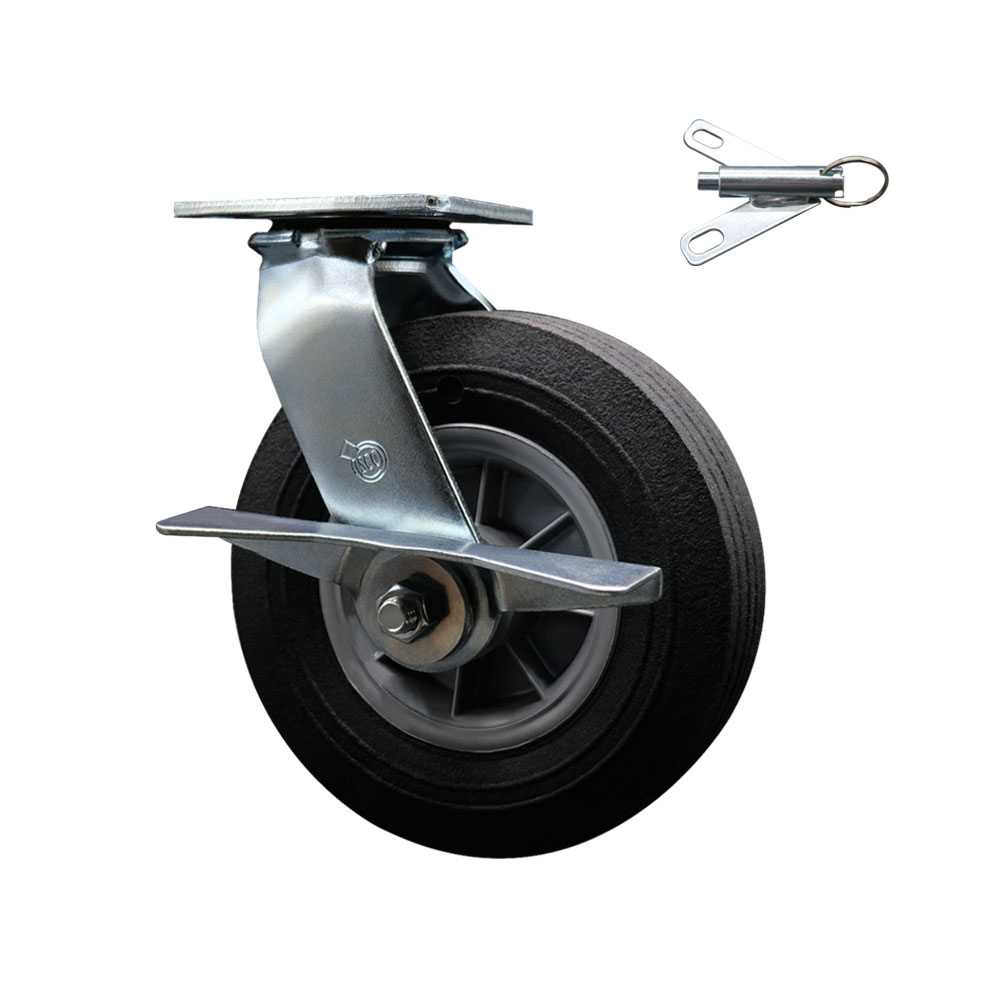 SCC-100S825-SNB-SLB-BSL 8 in. Swivel Semi Pneumatic Caster Black Solid Rubber Wheel & Side Lock Brake & Bolt on Swivel Lock Heavy Duty Caster