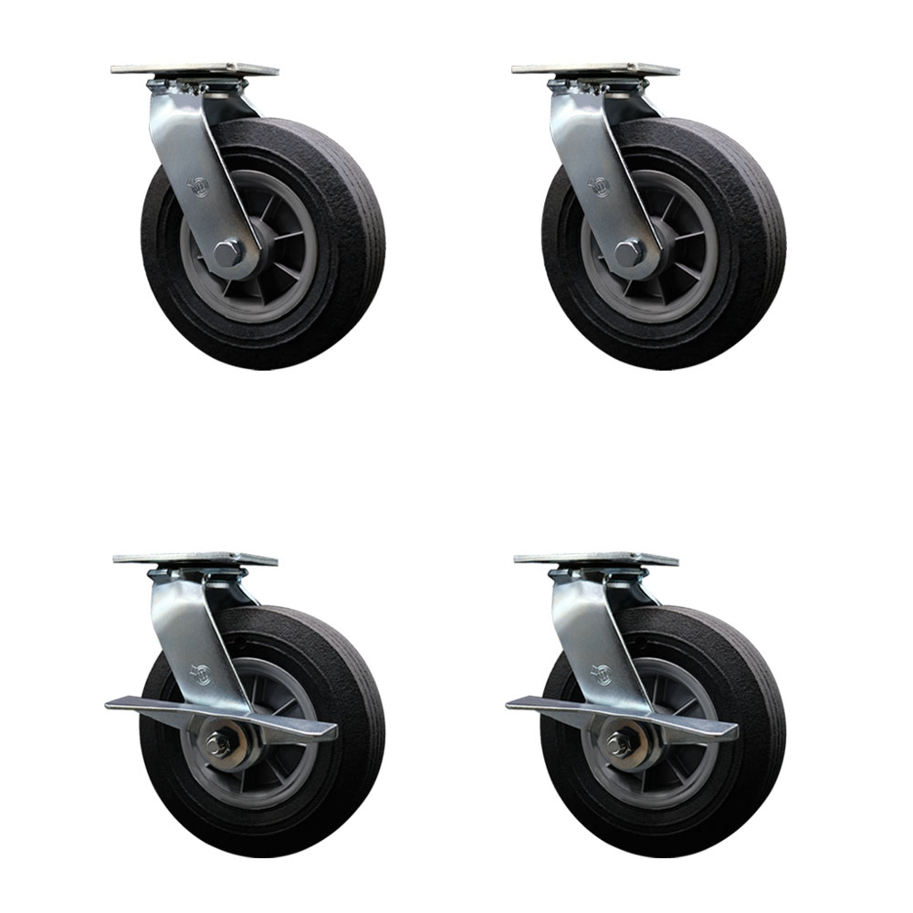 SCC-100S825-SNB-2-SLB-2 8 in. Swivel Semi Pneumatic Solid Rubber Wheel Casters, Black - Set of 4