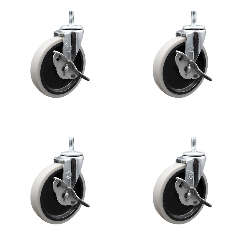 SCC-TS05S510-TPRS-SLB-M815-4 5 in. Swivel Thermoplastic Rubber Caster Wheels with 8 mm 1.25 TPI x 1.5 in. Threaded Stem Caster with Brake - Set of 4