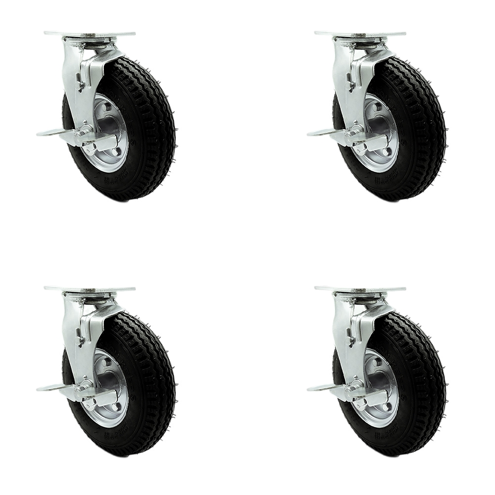 SCC-100S280-PNB-TLB-BSL-4 8 in. Swivel Pneumatic Rubber Wheel Casters, Black - Set of 4