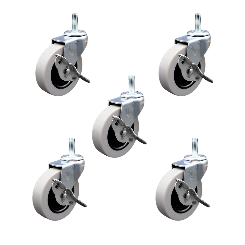 SCC-TS05S310-TPRS-SLB-M815-5 3 in. Swivel Thermoplastic Rubber Caster Wheels with 8 mm 1.25 TPI x 1.5 in. Threaded Stem Caster with Brake - Set of 5