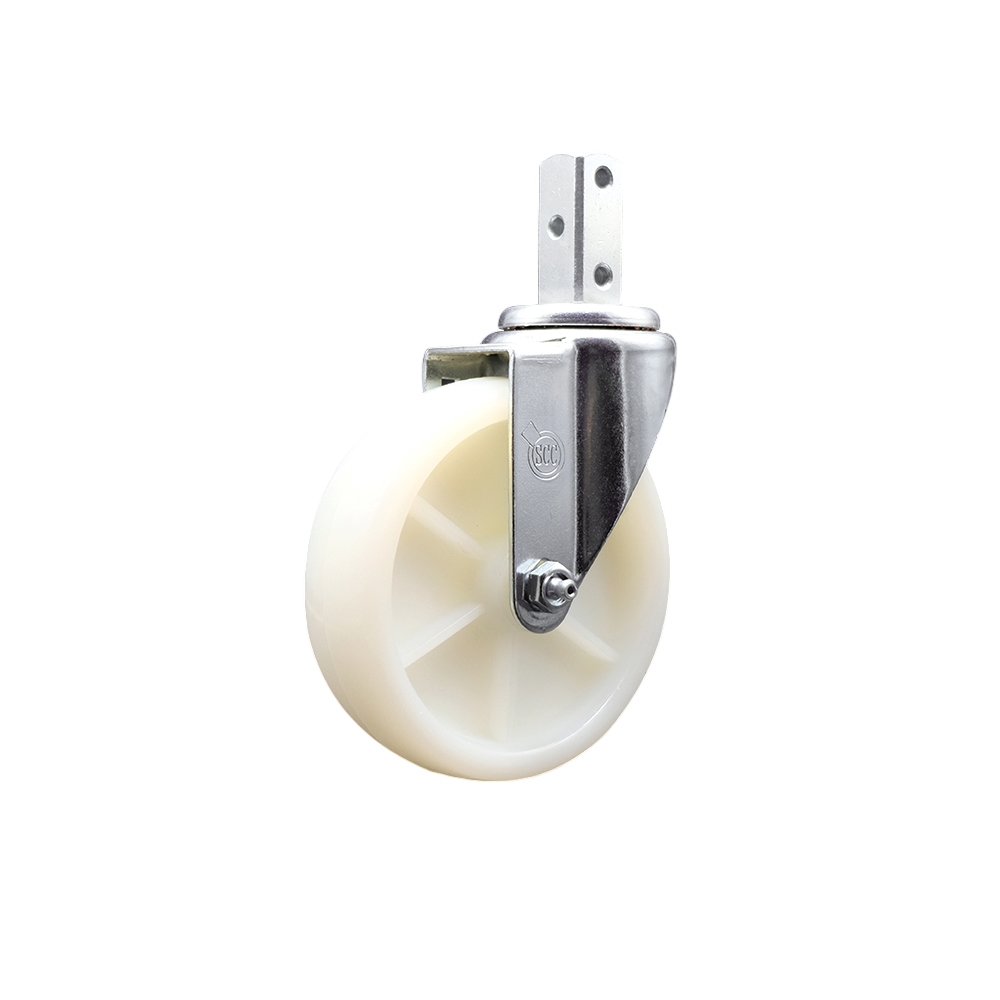 Swivel Square Stem Caster with 5 x 1.25 in. White Nylon Wheel, 0.87 x 2 in. Square Stem with 3 0.26 in. Diameter Mounting Holes
