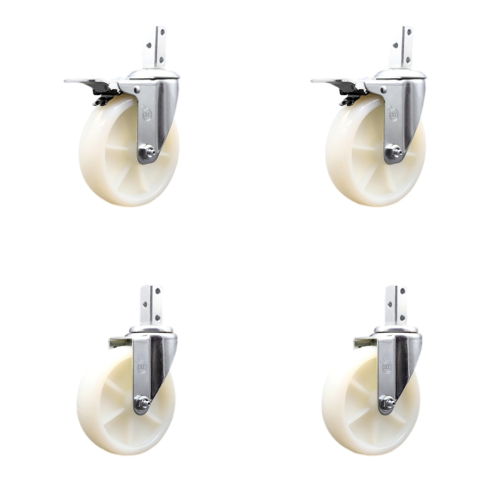 Swivel Square Stem Caster with 5 x 1.25 in. White Nylon Wheel, 0.87 x 2 in. Square Stem with 3 0.26 in. Diameter Mounting Holes - Set of 4