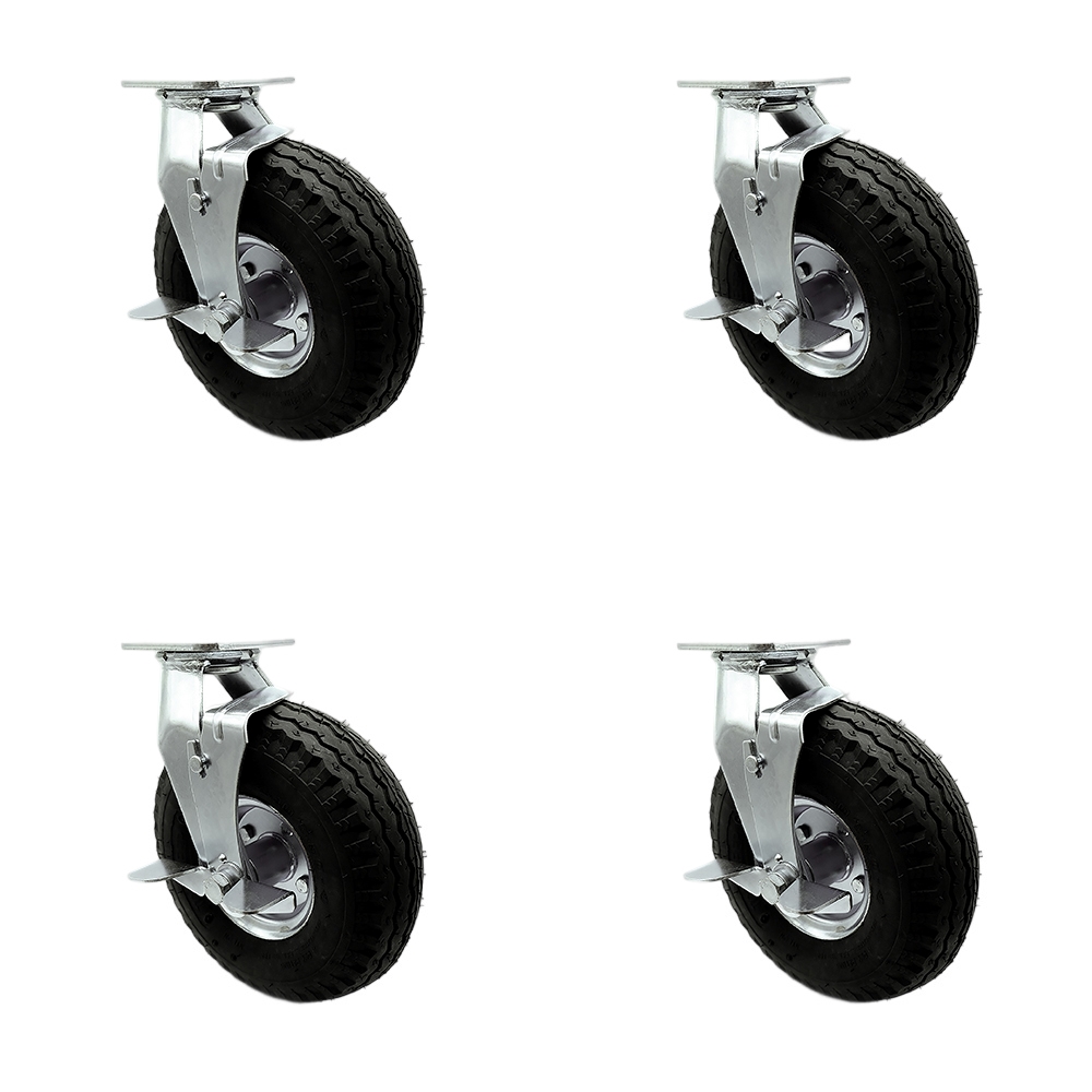 SCC-100S3504-PNB-TLB-BSL-4 10 in. Swivel Pneumatic Rubber Wheel Casters, Black - Set of 4