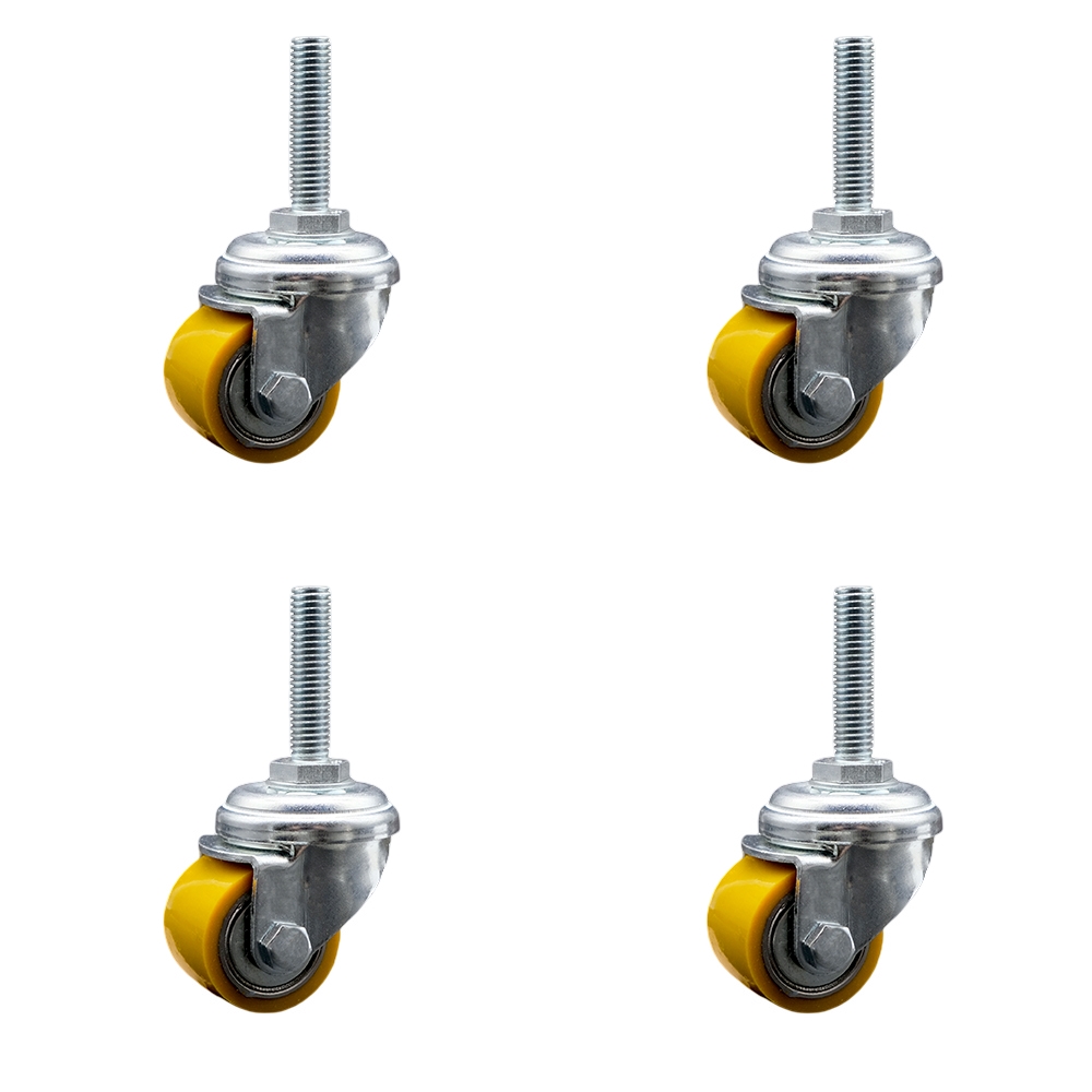 SCC-TS04S13810-PUB-M1015-4 Low Profile Polyurethane Swivel Threaded Stem Caster with 35 x 27 mm Yellow Wheels & 10 mm Stem - Set of 4