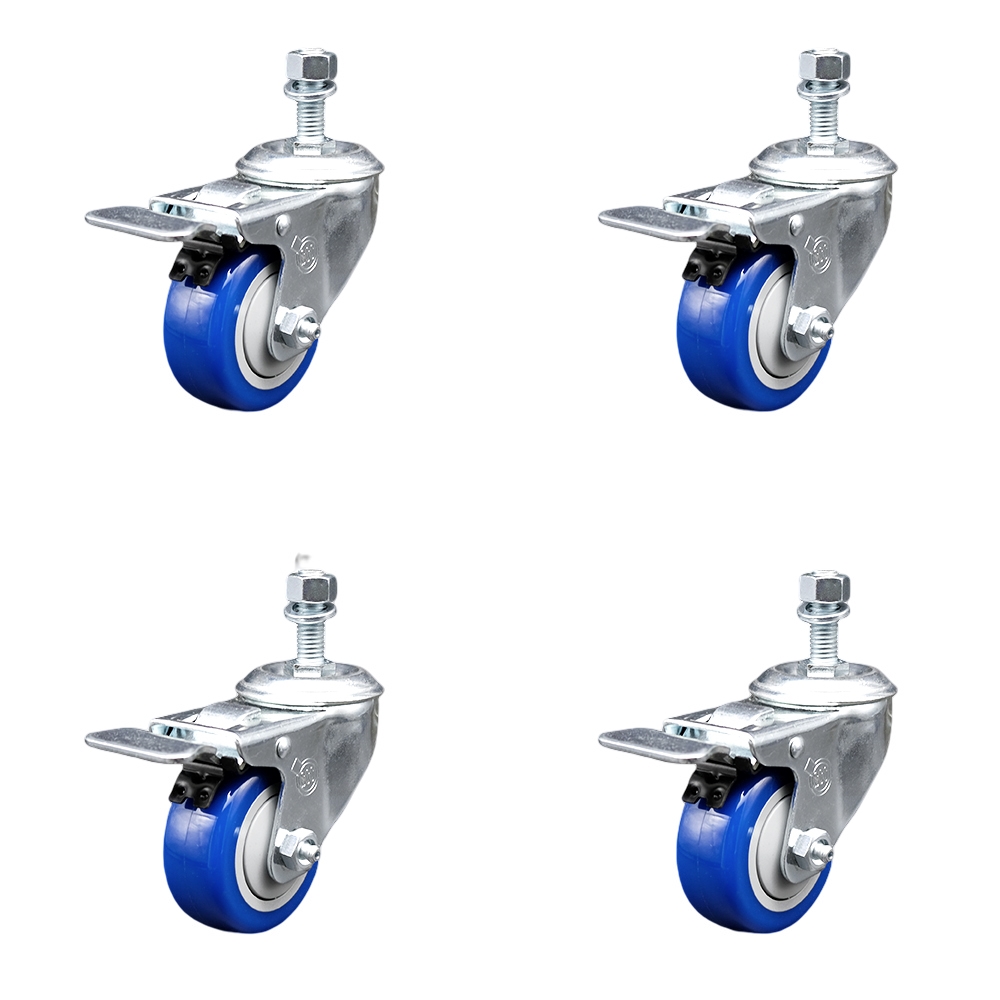 Stainless Steel Polyurethane Swivel Threaded Stem Caster with 3.5 x 1.25 in. Blue Wheels & 0.5 in. Stems - Set of 4