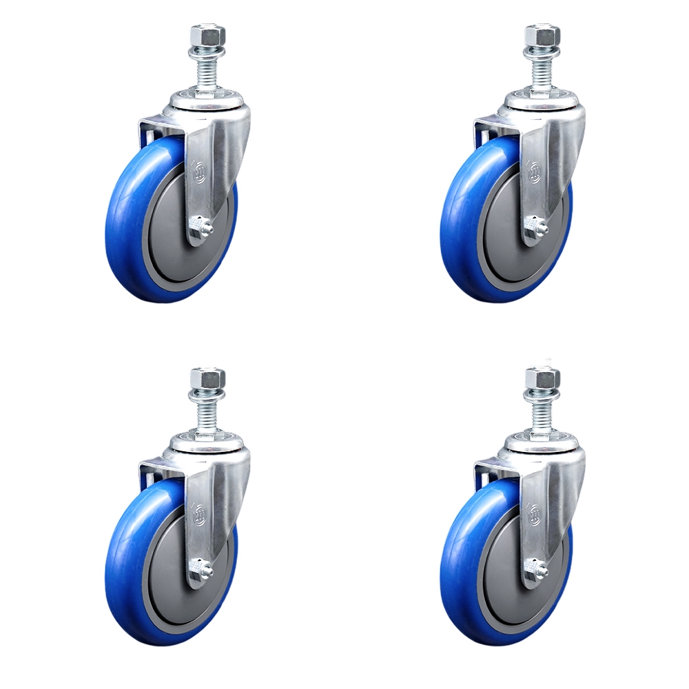 SCC-SSTS20S514-PPUB-BLUE-121315-4 Stainless Steel Polyurethane Swivel Threaded Stem Caster with 5 x 1.25 in. Blue Wheels & 0.5 in. Stems - Set of 4