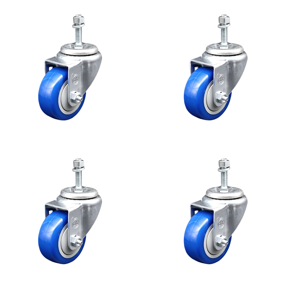 SCC-SSTS20S314-PPUB-BLUE-381615-4 Stainless Steel Polyurethane Swivel Threaded Stem Caster with 3 x 1.25 in. Blue Wheels & 0.38 in. Stems - Set of 4