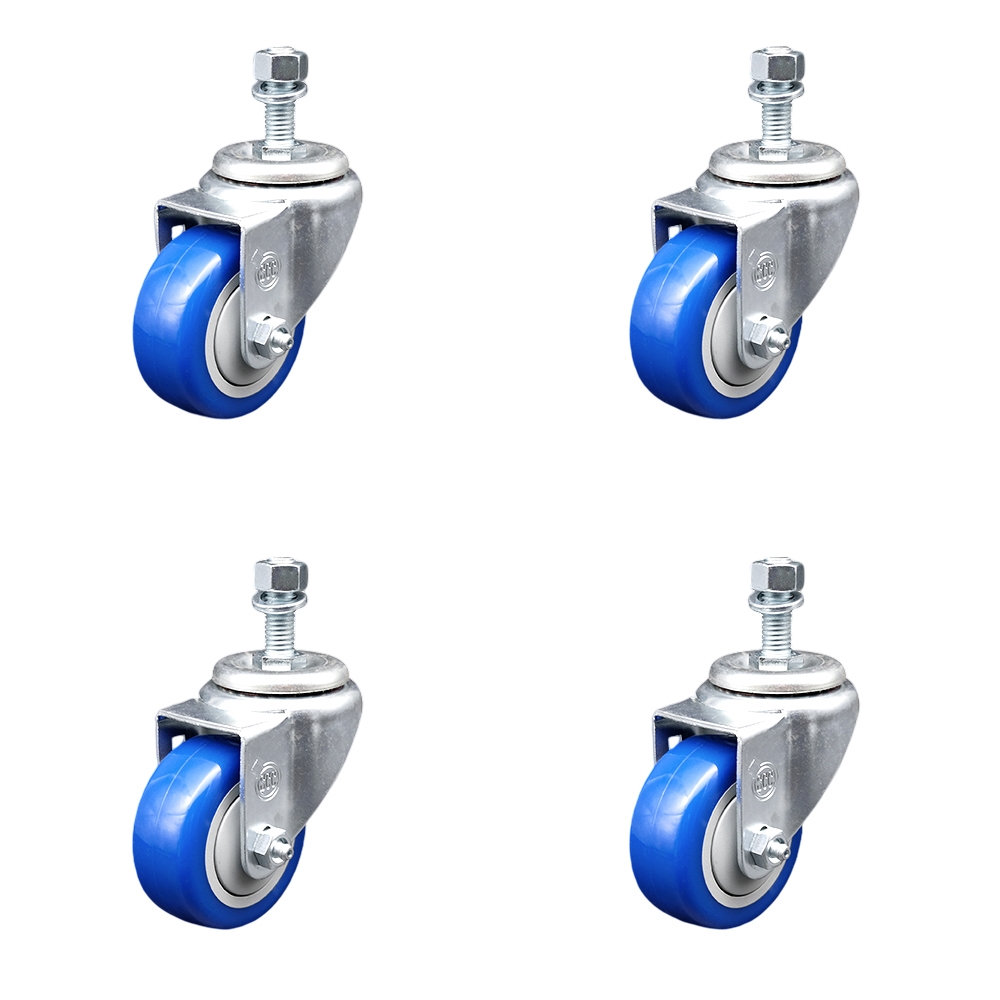SCC-SSTS20S314-PPUB-BLUE-M1215-4 Stainless Steel Polyurethane Swivel Threaded Stem Caster with 3 x 1.25 in. Blue Wheels & 12 mm Stems - Set of 4