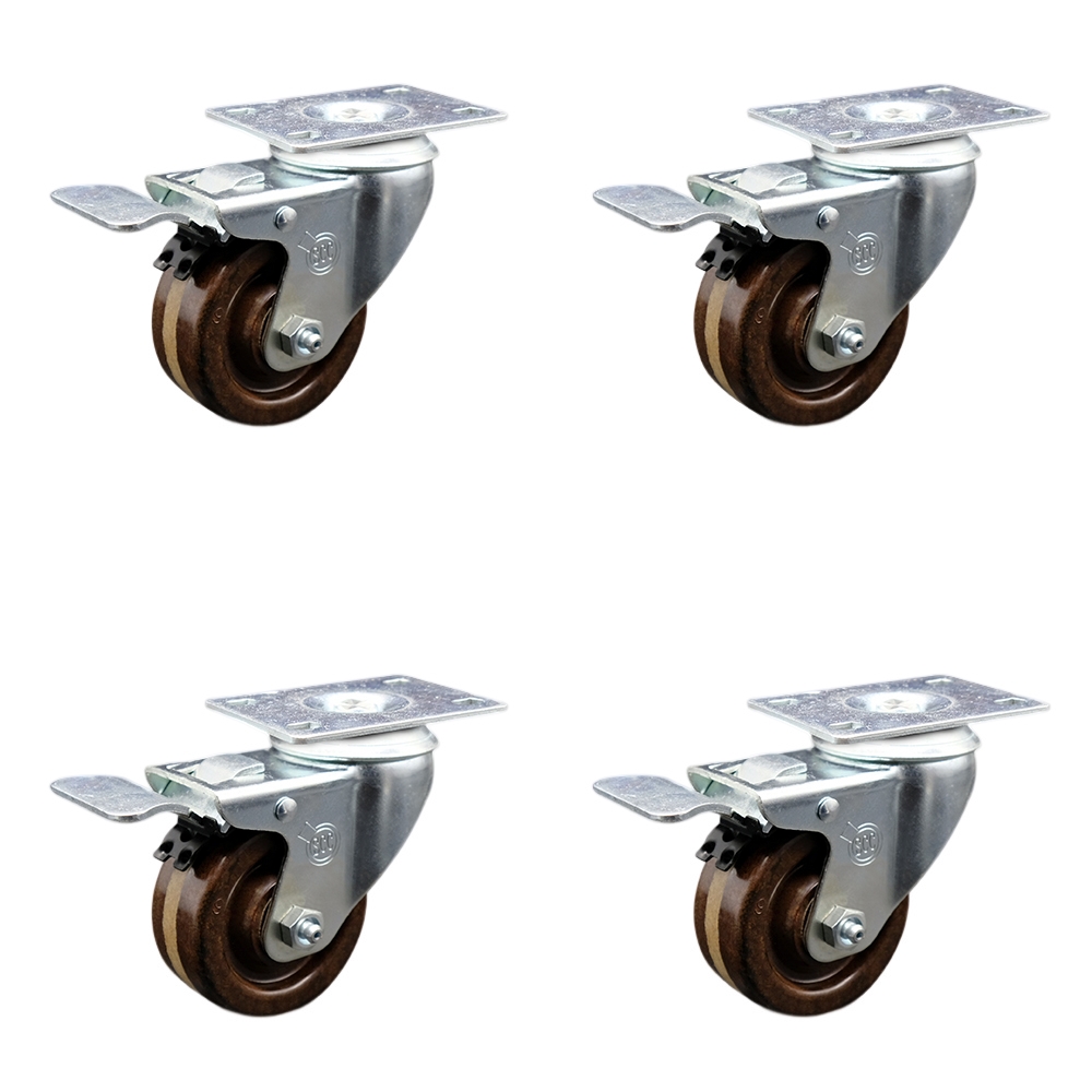 SCC-SSTTL20S314-PHSHT-4 Stainless Steel High Temperature Phenolic Swivel Top Plate Caster with 3 x 1.25 in. Brown Wheels - Set of 4