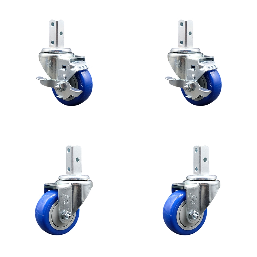 Swivel Square Stem Caster with 3.5 x 1.25 in. Blue Poly Wheel, 0.75 x 2 in. Square Stem with 3 0.26 in. Diameter Mounting Holes - Set of 4