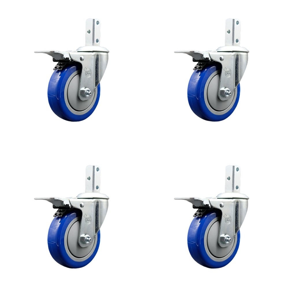Swivel Square Stem Caster with 4 x 1.25 in. Blue Poly Wheel, 0.75 x 2 in. Square Stem with 3 0.26 in. Diameter Mounting Holes - Set of 4