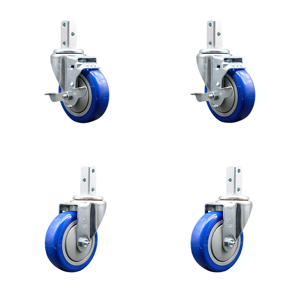 Swivel Square Stem Caster with 4 x 1.25 in. Blue Poly Wheel, 0.75 x 2 in. Square Stem with 3 0.26 in. Diameter Mounting Holes - Set of 4