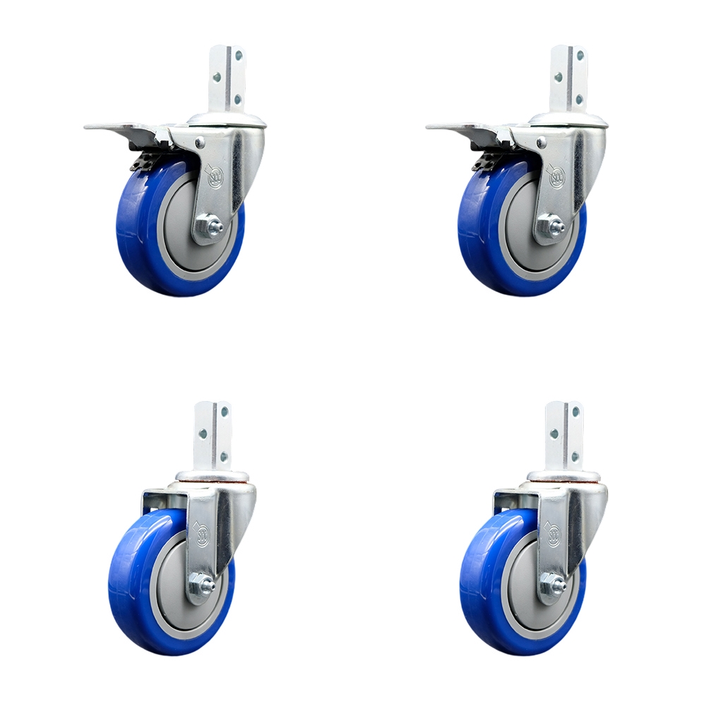 Swivel Square Stem Caster with 4 x 1.25 in. Blue Poly Wheel, 0.87 x 2 in. Square Stem with 3 0.26 in. Diameter Mounting Holes - Set of 4
