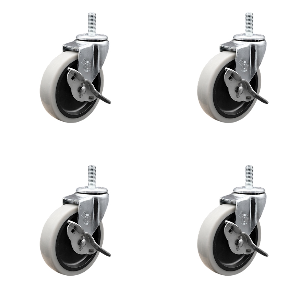 SCC-TS05S410-TPRS-SLB-M815-4 4 in. Swivel Thermoplastic Rubber Caster Wheels with 8 mm 1.25 TPI x 1.5 in. Threaded Stem Caster with Brake - Set of 4
