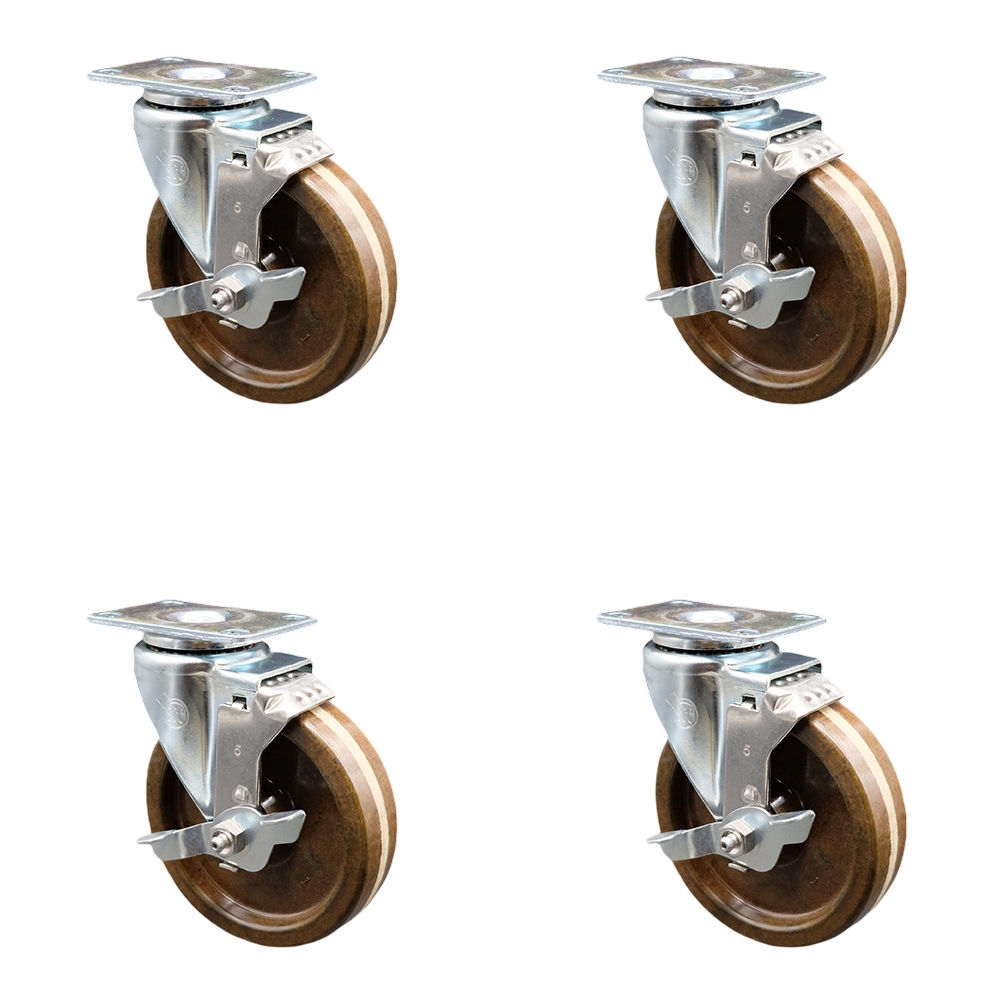 SCC-SS20S514-PHSHT-TLB-4 Stainless Steel High Temperature Phenolic Swivel Top Plate Caster with 5 x 1.25 in. Brown Wheels - Set of 4