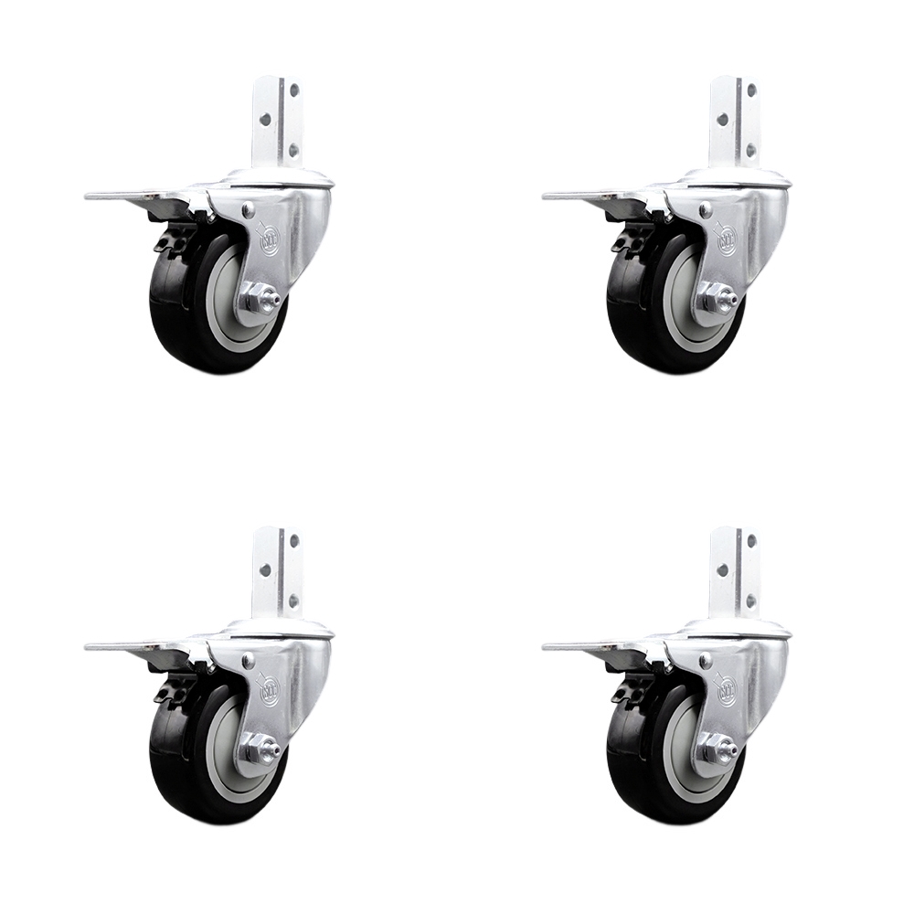 Swivel Square Stem Caster with 3 x 1.25 in. Black Poly Wheel, 0.87 x 2 in. Square Stem with 3 0.26 in. Diameter Mounting Holes - Set of 4