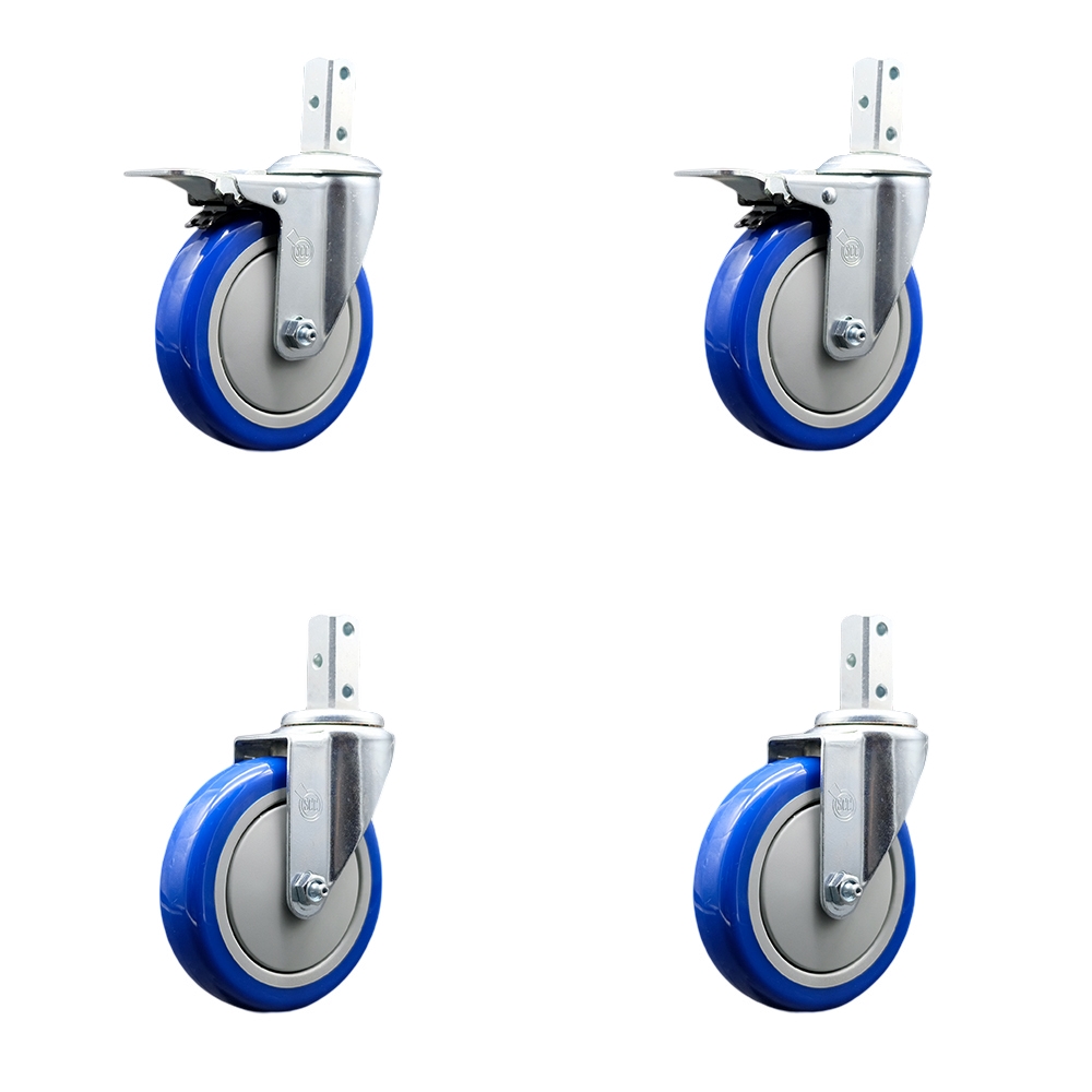 Swivel Square Stem Caster with 5 x 1.25 in. Blue Poly Wheel, 0.87 x 2 in. Square Stem with 3 0.26 in. Diameter Mounting Holes - Set of 4