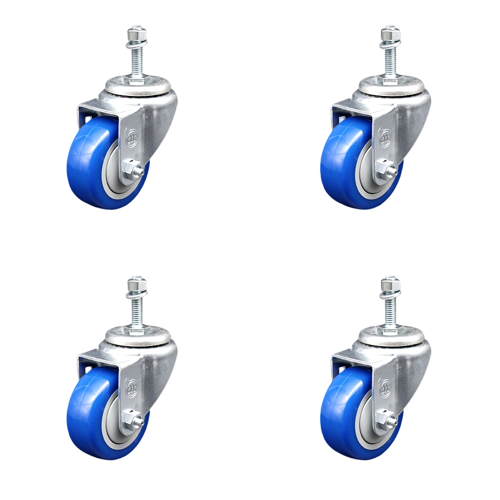 SCC-TS20S314-PPUB-BLUE-381615-4 Polyurethane Swivel Threaded Stem Caster with 3 x 1.25 in. Blue Wheels & 0.38 in. Stems - Set of 4