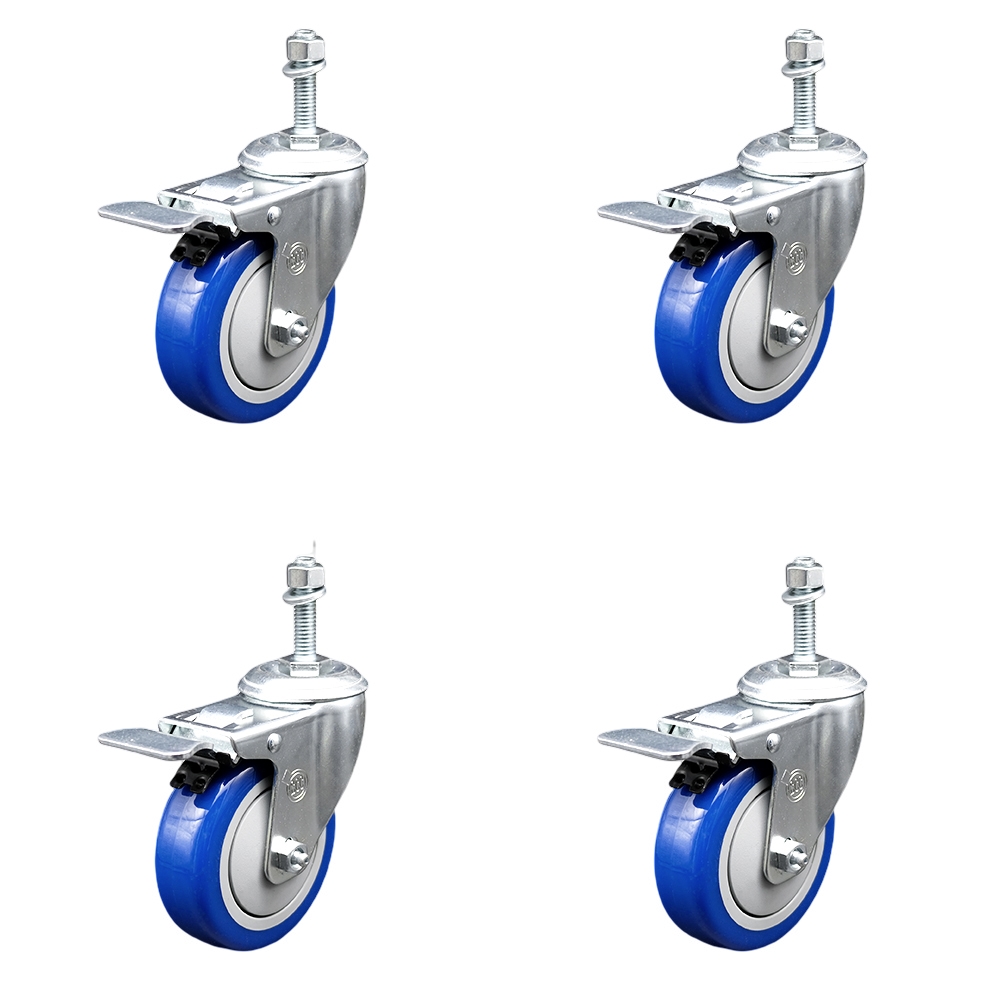 Stainless Steel Polyurethane Swivel Threaded Stem Caster with 4 x 1.25 in. Blue Wheels & 0.38 in. Stems - Set of 4