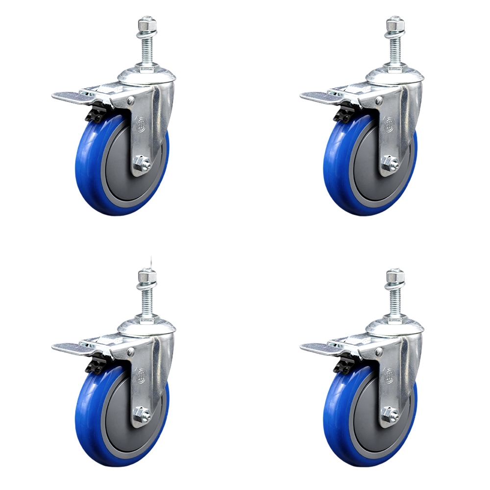 Stainless Steel Polyurethane Swivel Threaded Stem Caster with 5 x 1.25 in. Blue Wheels & 0.38 in. Stems - Set of 4