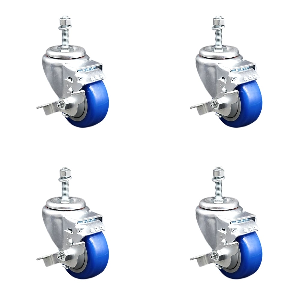 SCC-TS20S314-PPUB-BLUE-TLB-M1015-4 Polyurethane Swivel Threaded Stem Caster with 3 x 1.25 in. Blue Wheels & 10 mm Stems - Set of 4