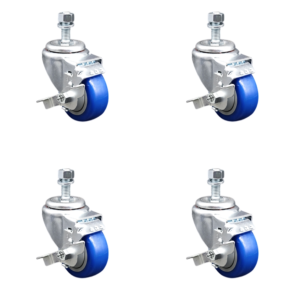 SCC-SSTS20S314-PPUB-BLUE-TLB-M1215-4 Stainless Steel Polyurethane Swivel Threaded Stem Caster with 3 x 1.25 in. Blue Wheels & 12 mm Stems - Set of 4