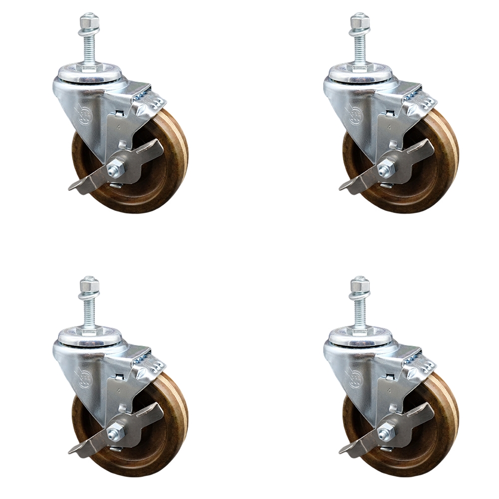 Stainless Steel High Temperature Phenolic Swivel Threaded Stem Caster with 4 x 1.25 in. Brown Wheels & 10 mm Stems - Set of 4