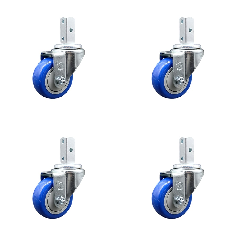 Swivel Square Stem Caster with 3 x 1.25 in. Blue Polyurethane Wheel, 0.87 x 2 in. Square Stem with 3 0.26 in. Diameter Mounting Holes - Set of 4