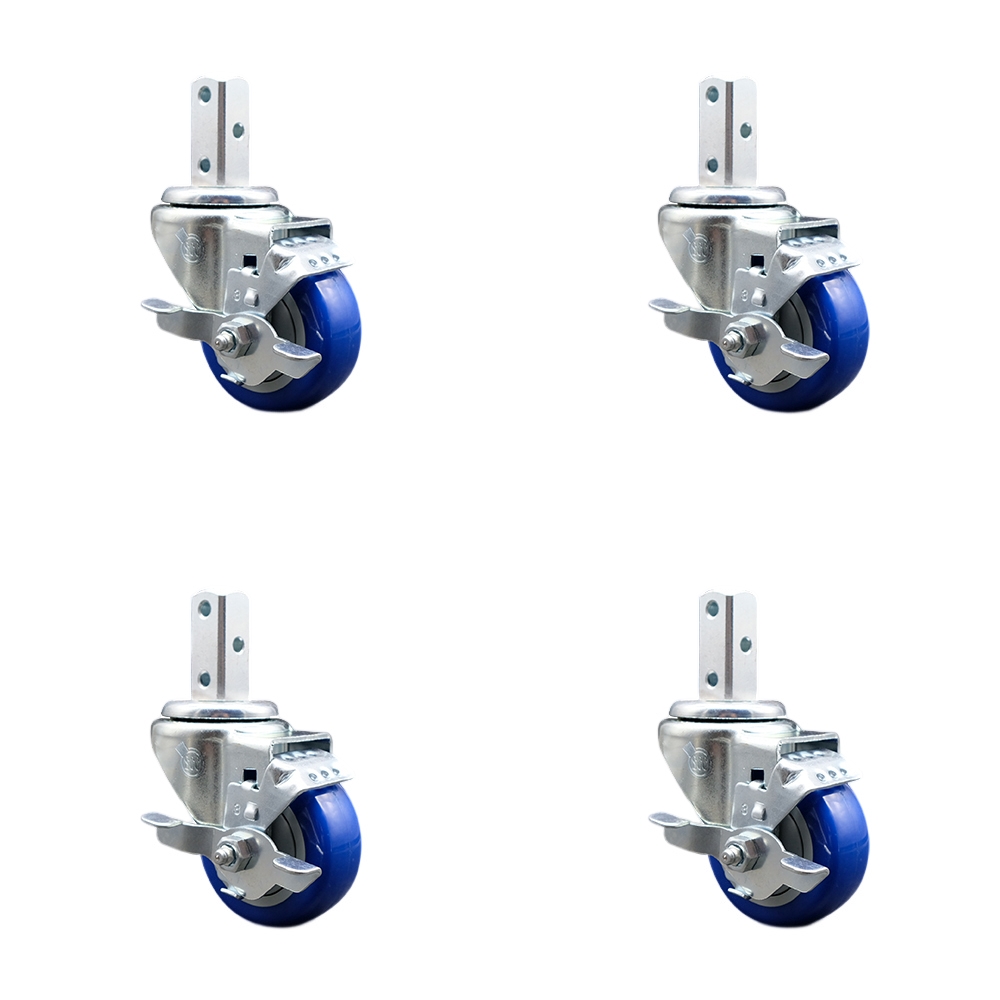 Swivel Square Stem Caster with 3 x 1.25 in. Blue Poly Wheel, 0.87 x 2 in. Square Stem with 3 0.26 in. Diameter Mounting Holes - Set of 4