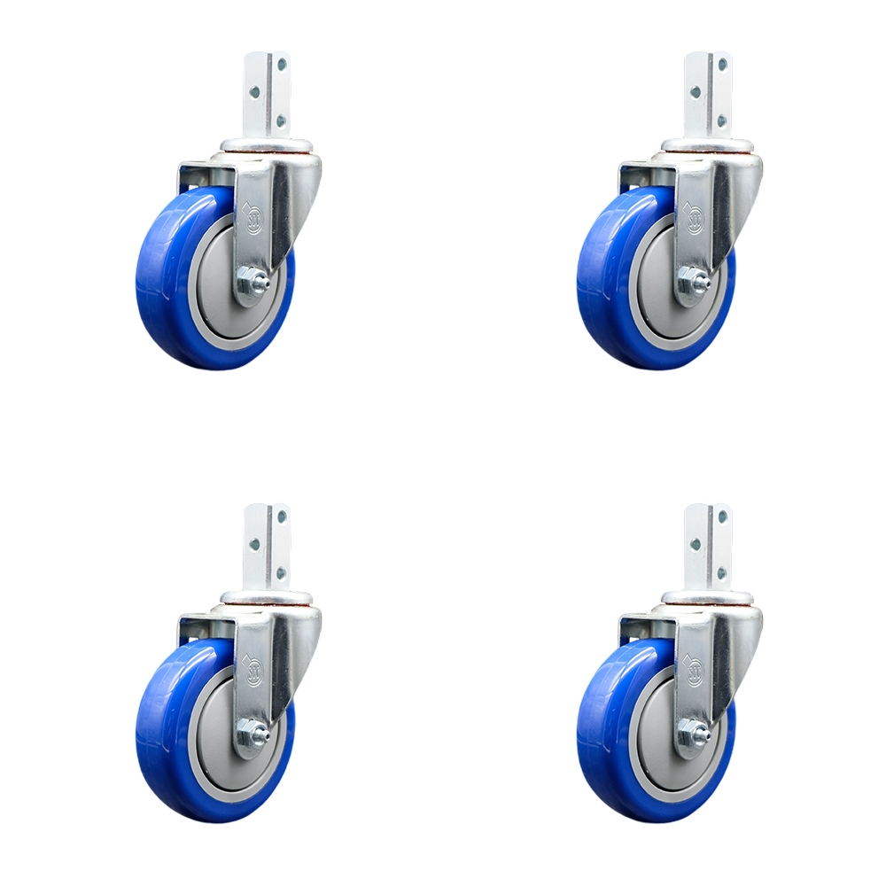 Swivel Square Stem Caster with 4 x 1.25 in. Blue Polyurethane Wheel, 0.87 x 2 in. Square Stem with 3 0.26 in. Diameter Mounting Holes - Set of 4