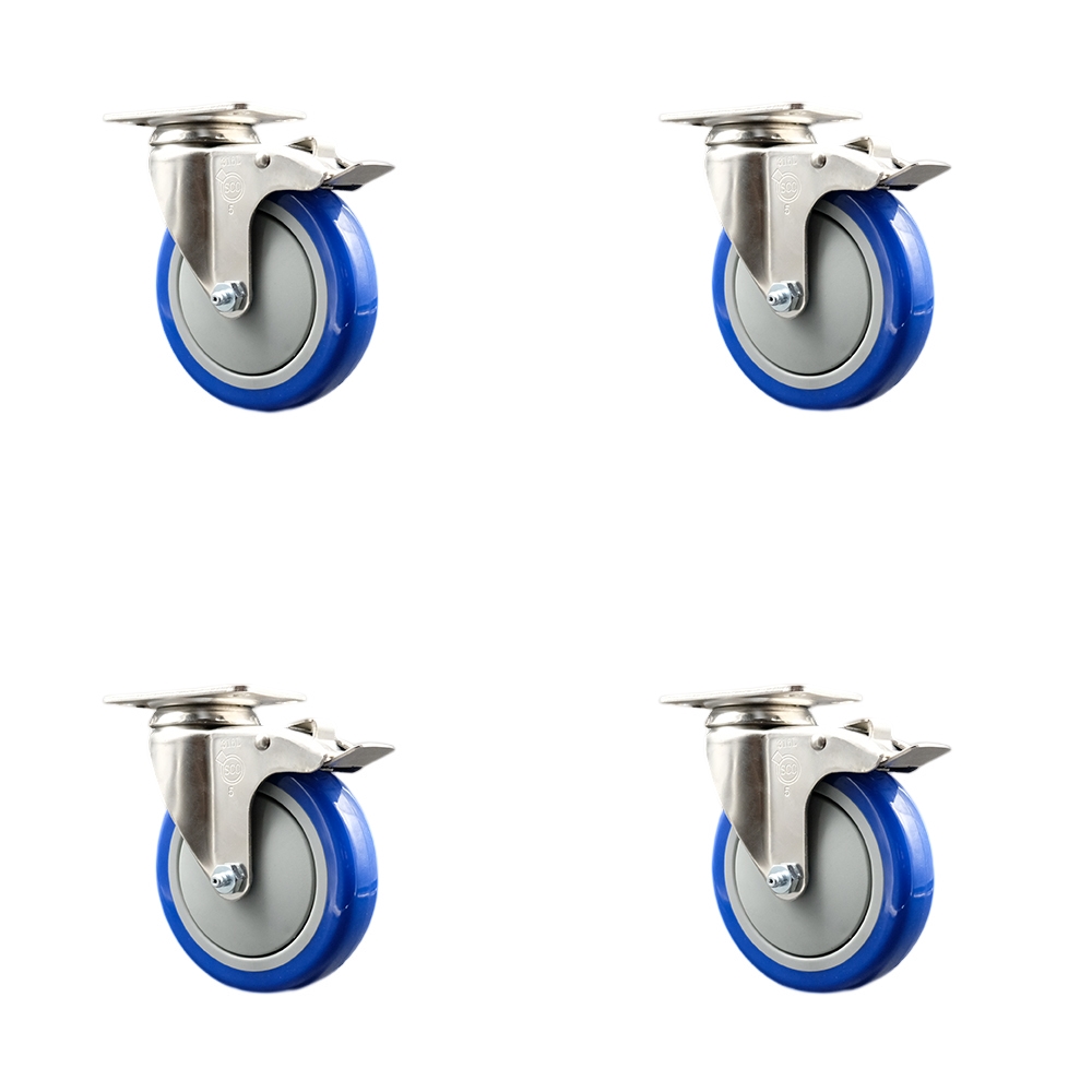 SCC-SS316TTL20S514-PPUB-BLUE-4 Polyurethane Swivel Top Plate Caster with 5 in. 316 Stainless Steel Blue Wheels - Set of 4