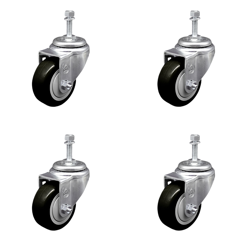 SCC-TS20S314-PPUB-BLK-381615-4 Polyurethane Swivel Threaded Stem Caster with 3 x 1.25 in. Black Wheels & 0.38 in. Stems - Set of 4