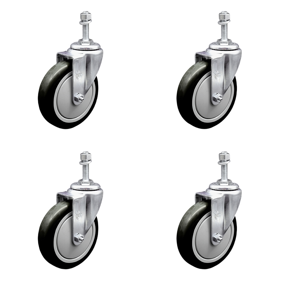 SCC-TS20S514-PPUB-BLK-381615-4 Polyurethane Swivel Threaded Stem Caster with 5 x 1.25 in. Black Wheels & 0.38 in. Stems - Set of 4