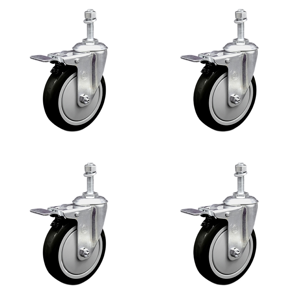 Stainless Steel Polyurethane Swivel Threaded Stem Caster with 5 x 1.25 in. Black Wheels & 0.38 in. Stems - Set of 4
