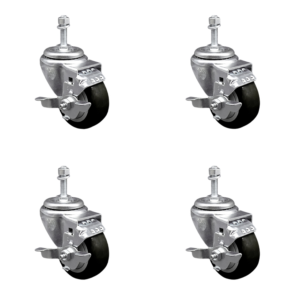 SCC-TS20S3514-PPUB-BLK-TLB-M1015-4 Polyurethane Swivel Threaded Stem Caster with 3.5 x 1.25 in. Black Wheels & 10 mm Stems - Set of 4